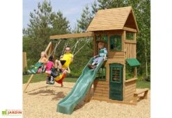 KidKraft Aire De Jeux En Bois Windale Avec Toboggan, Balançoires Et Cabane -Portique Jardin Soldes Magasin aire de jeux bois cedre toboggan balancoire cabane escalade 3