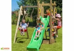 Aire De Jeux Funny 3 : Toboggan + Balançoire + Bac à Sable + Escalade -Portique Jardin Soldes Magasin aire jeux bois autoclave funny3 fungoo toboggan balancoire