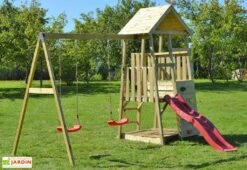 Aire De Jeux En Bois Brut Portique Balançoires Et Toboggan – 9,8 M²
