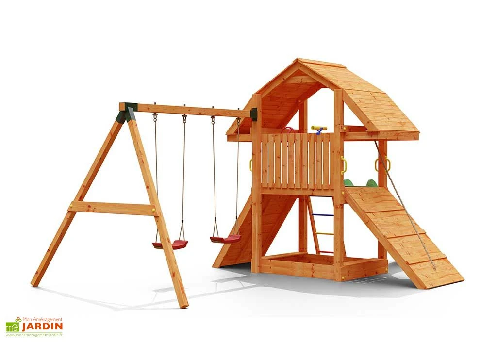 Aire De Jeux En Bois De Pin Traité Portique Balançoires Buffalo 2 Aire De Jeux En Bois De Pin Traité Portique Balançoires Buffalo – Image 2