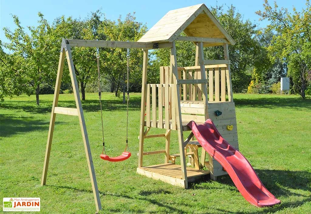 Aire De Jeux En Bois Brut Portique Balançoire Et Toboggan – 7,8 M² 1 Aire De Jeux En Bois Brut Portique Balançoire Et Toboggan – 7,8 M²