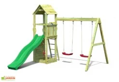 Aire De Jeux Avec Portique En Bois De Pin Traité 2 Balançoires Flappi