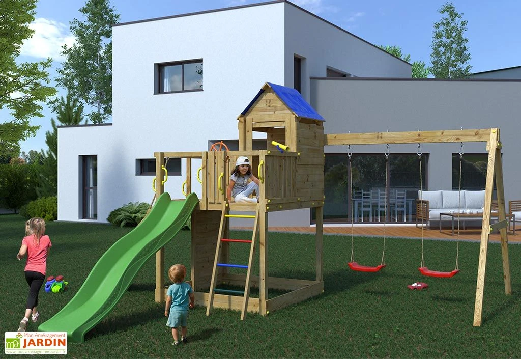 Aire De Jeux Avec Portique En Bois De Pin Traité Fungoo Treehouse 2 Aire De Jeux Avec Portique En Bois De Pin Traité Fungoo Treehouse – Image 2