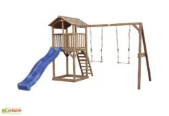 Axi Aire De Jeux En Bois : Toboggan Et Portique 2 Balançoires Beach Tower -Portique Jardin Soldes Magasin beach tower double swing marron bleu 3