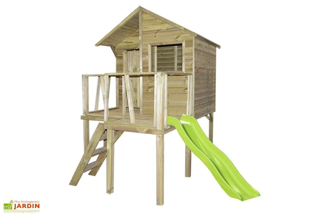 Cabane Enfants En Bois Traité Autoclave Sur Pilotis Victor + Toboggan 1 Cabane Enfants En Bois Traité Autoclave Sur Pilotis Victor + Toboggan