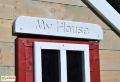 Maisonnette Pour Enfant En Bois Brut Avec Portique Balançoire Zèbre -Portique Jardin Soldes Magasin details maisonnette enfant bois portique balancoire zebre