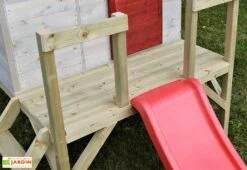 Maisonnette Pour Enfant En Bois Brut Avec Toboggan Tigre -Portique Jardin Soldes Magasin details maisonnette enfant bois toboggan tigre