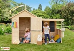Cabane En Bois Pour Enfant Avec Auvent 2,52 X 1,27 M – Sarah -Portique Jardin Soldes Magasin maison bois enfant auvent tableaux sarah