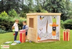 Cabane Enfant En Bois Soulet Avec Tissu Imprimé – Rideau -Portique Jardin Soldes Magasin maisonnette jardin bois enfant indien soulet