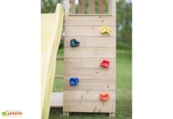 Aire De Jeux En Bois Brut Portique Balançoires Et Toboggan – 9,5 M² -Portique Jardin Soldes Magasin mur escalade tour jeux bois 1
