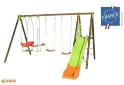 Portique Balançoires + Toboggan Bois Et Métal Helio -Portique Jardin Soldes Magasin portique aire de jeux bois acier helio 1