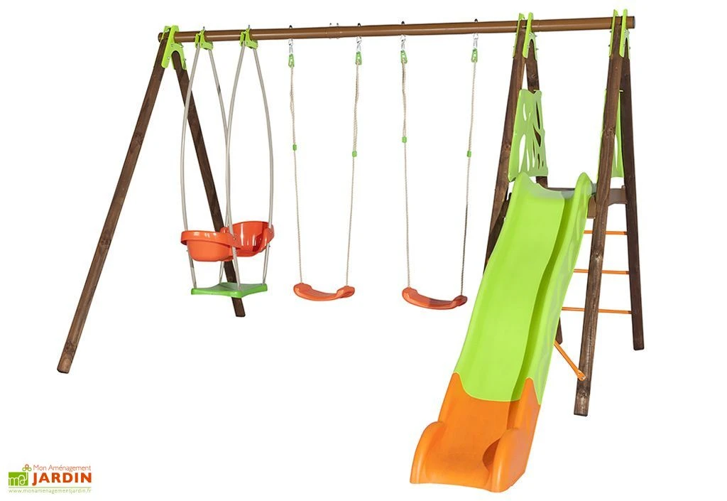 Portique Balançoires + Toboggan Bois Et Métal Zambo 1 Portique Balançoires + Toboggan Bois Et Métal Zambo