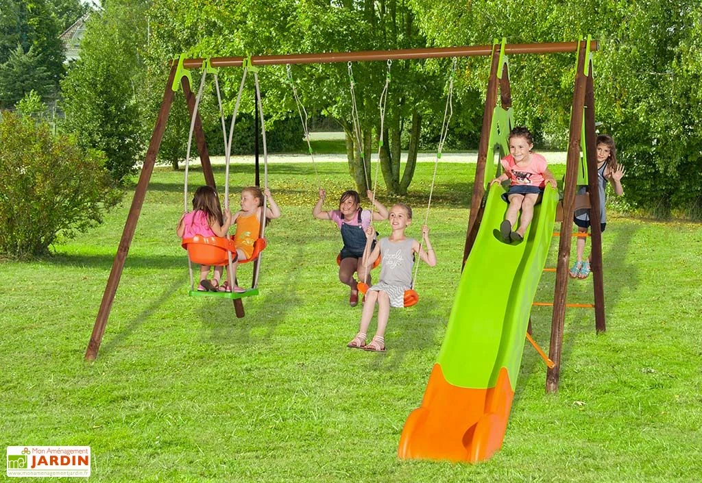 Portique Balançoires + Toboggan Bois Et Métal Zambo 2 Portique Balançoires + Toboggan Bois Et Métal Zambo – Image 2