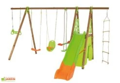 Portique Balançoires + Toboggan + Cabane Bois Et Métal Legato