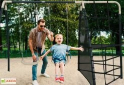 Axi Portique Balançoires En Acier Et Filet D’escalade – 287 X 191 X 190 Cm -Portique Jardin Soldes Magasin portique balancoires enfant filet escalade