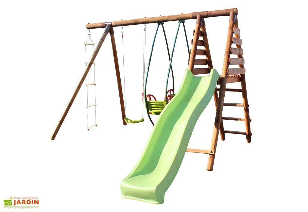 Portique En Bois Pour 5 Enfants Toboggan + 3 Agrès – Lavande 1 Portique En Bois Pour 5 Enfants Toboggan + 3 Agrès – Lavande