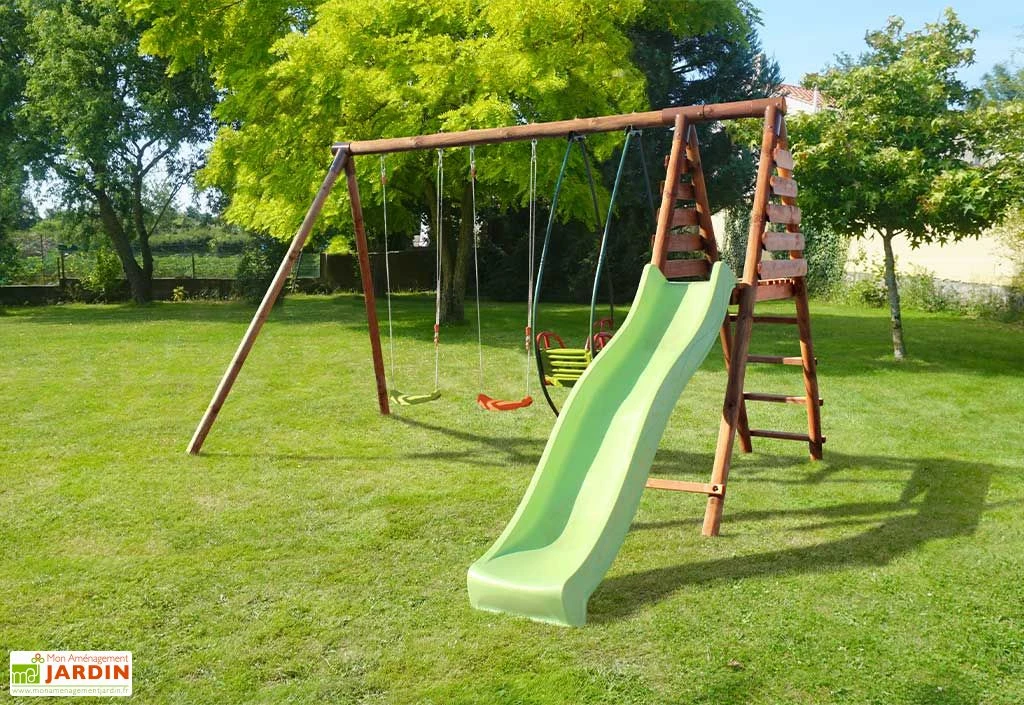Portique En Bois Toboggan + Balancelle + 2 Balançoires – Narcisse 2 Portique En Bois Toboggan + Balancelle + 2 Balançoires – Narcisse – Image 2