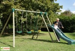 Portique Toboggan Et Balançoires En Bois Comanche 2,30 M -Portique Jardin Soldes Magasin portique toboggan bois balancoires comanche 1