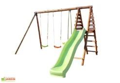 Portique En Bois Traité 5 Enfants Avec Toboggan + 3 Agrès – Violette