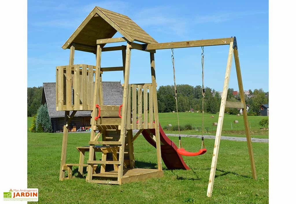 Aire De Jeux En Bois Brut Portique Balançoire Et Toboggan – 7,8 M² 2 Aire De Jeux En Bois Brut Portique Balançoire Et Toboggan – 7,8 M² – Image 2