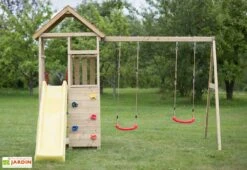 Aire De Jeux En Bois Brut Portique Balançoires Et Toboggan – 9,5 M²