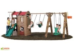 Step2 Aire De Jeux Adventure Lodge Play Center : Portique, Cabane, Toboggan -Portique Jardin Soldes Magasin structure geante enfants portique balancoire cabane avec plateforme toboggan panier basket 550x300x220cm 2